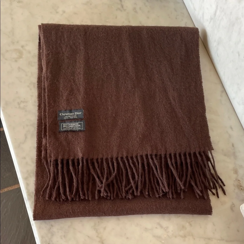 CHRISTIAN DIOR Cashmere Wool Blend Muffler Scarf in Deep Brown Vintage